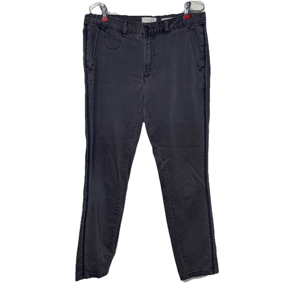 Anthropologie Women's Pants Relaxed Tapered Leg Piping Blue Mid-Rise Gray Sz. 28